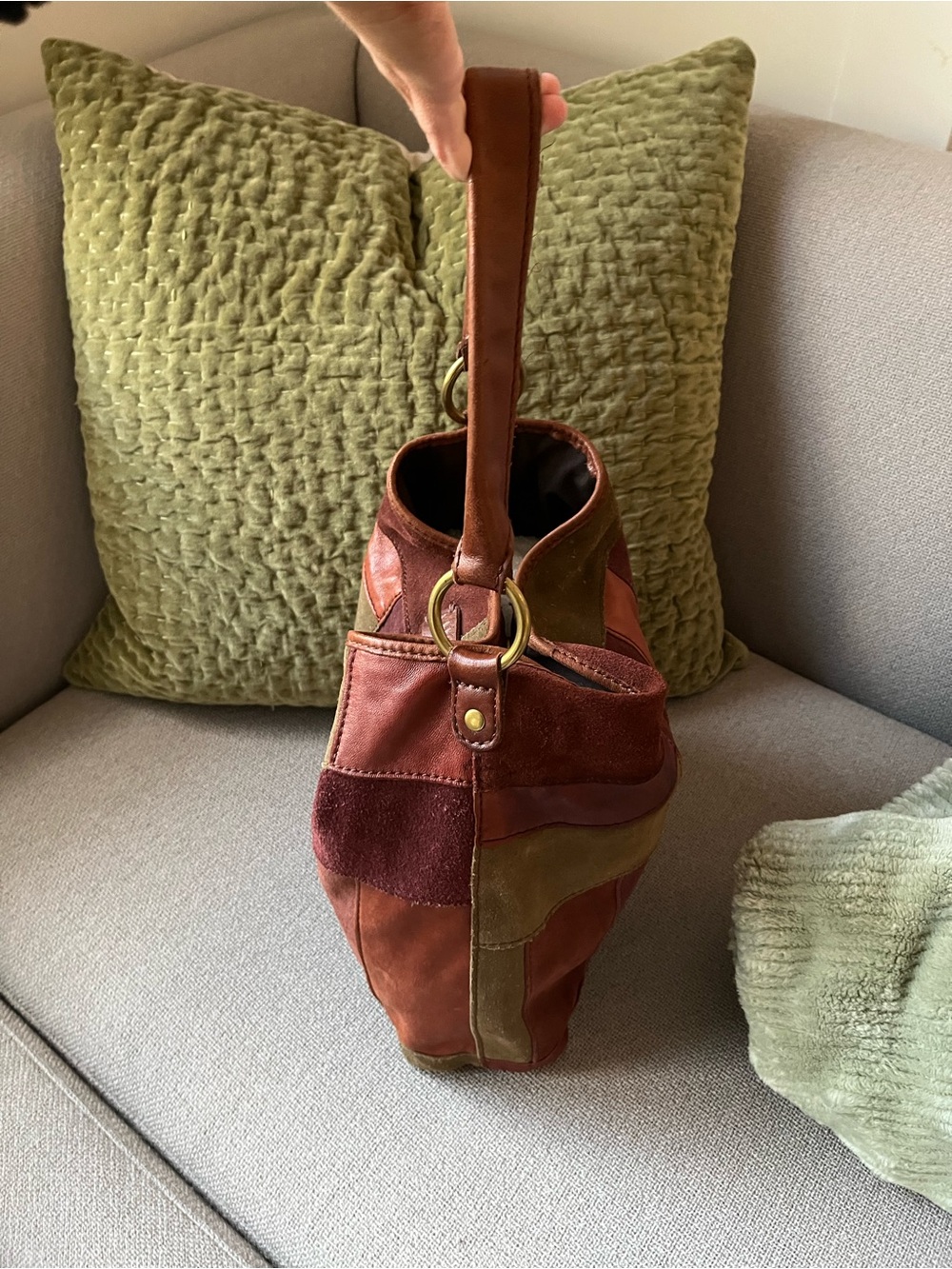 Vintage Leather Suede Lucky Brand Patchwork Shoulder Bag in Brown and Olive - Picture 3 of 5